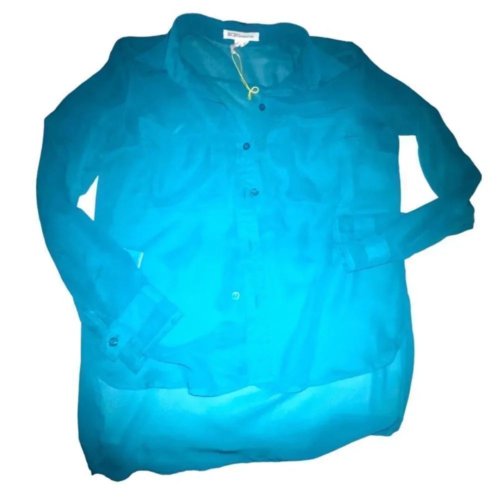 BCBG Blue Sheer Button Up Blouse